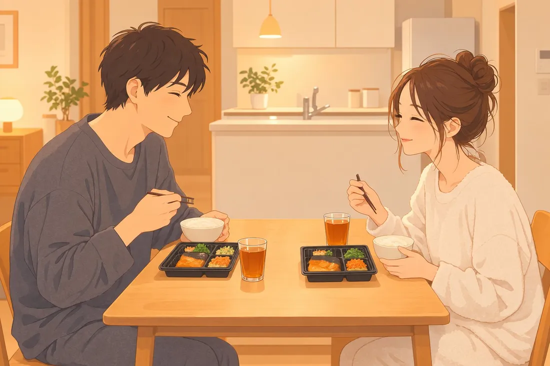 帰宅後の夫婦2人が、レンジで温めた1食分のトレーのおかずと炊きたてのご飯で夕食をとっているイラスト