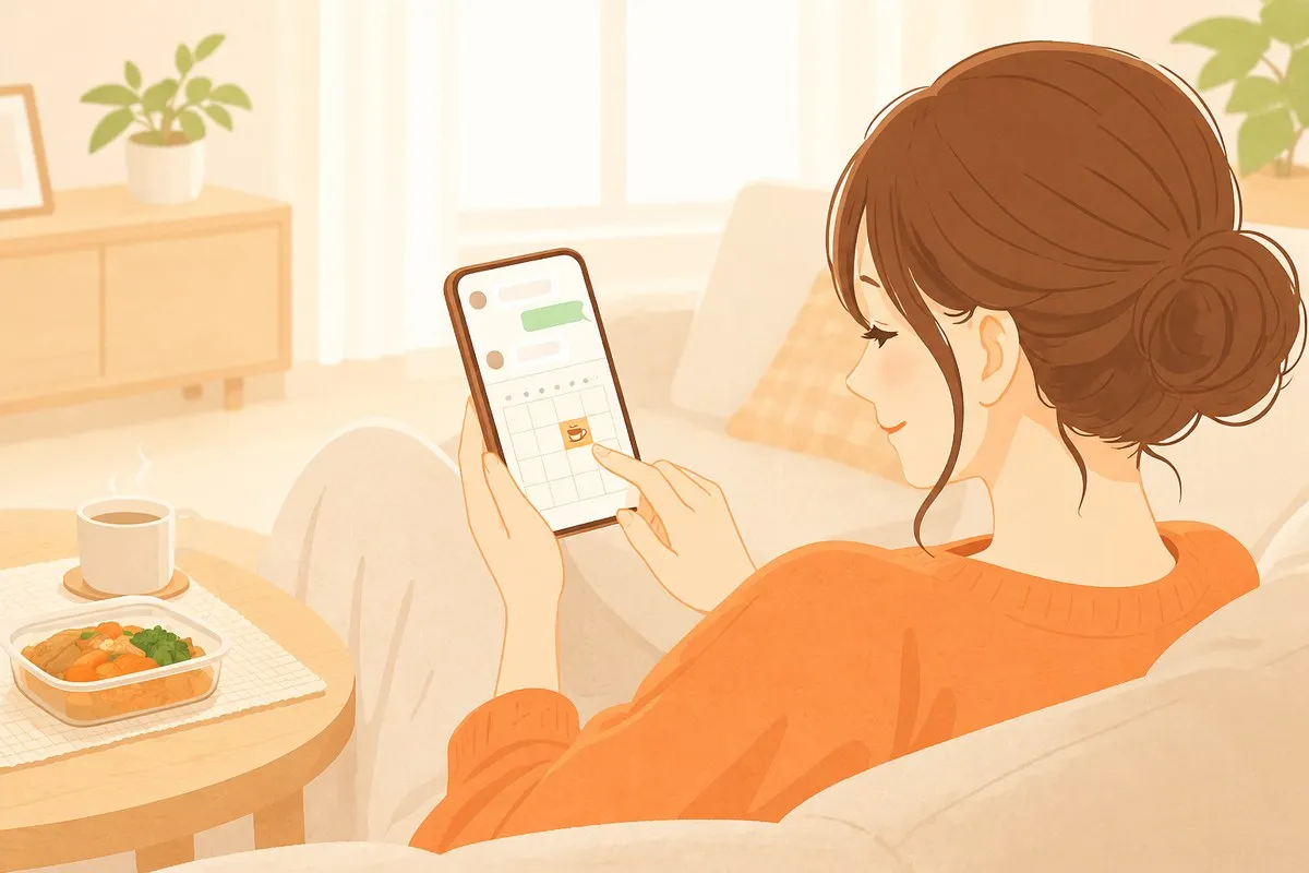ソファでスマホを見る女性。画面にはチャットアプリと週ごとのカレンダーが映り、1週にコーヒーカップのお休みマークがついている。横のテーブルにおかずの容器とコーヒー