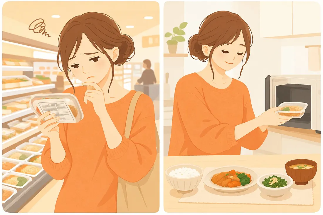 店頭で惣菜の原材料欄を読んで迷う女性と、家でレンジから取り出した1食を安心した顔で食卓に出す女性を左右で描いたイラスト