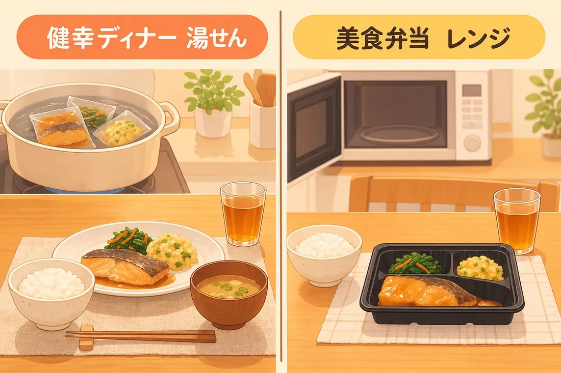 健幸ディナー(湯せんして器に盛る)と美食弁当(レンジで温めてトレーのまま)の違いを左右で比べた図解